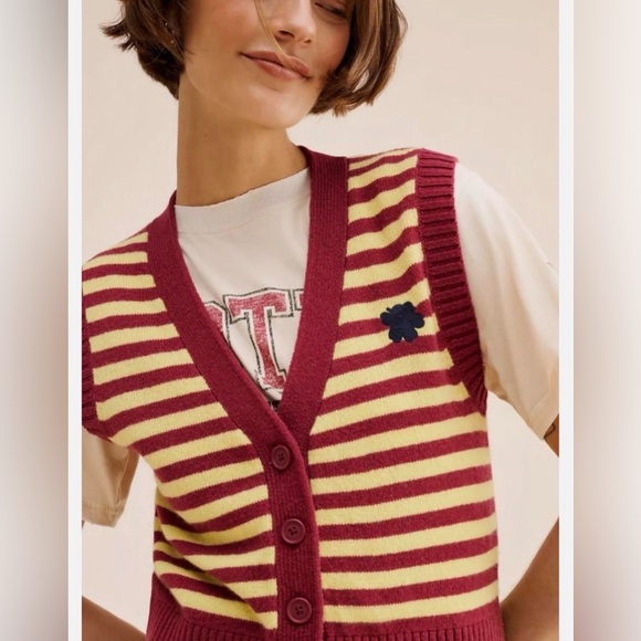 Marimekko Tasaraita Yellow Burgundy Stripe Knit Wool Sweater Vest. - Picture 4 of 5